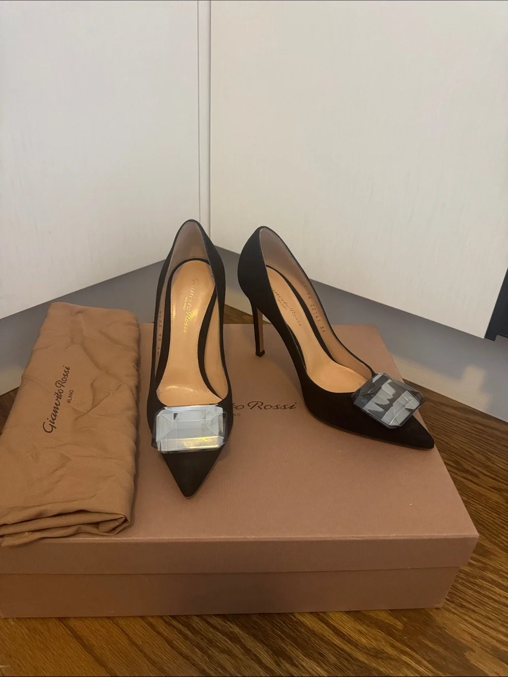 Gianvito Rossi Black Satin Pointed Crystal-Buckle Pumps